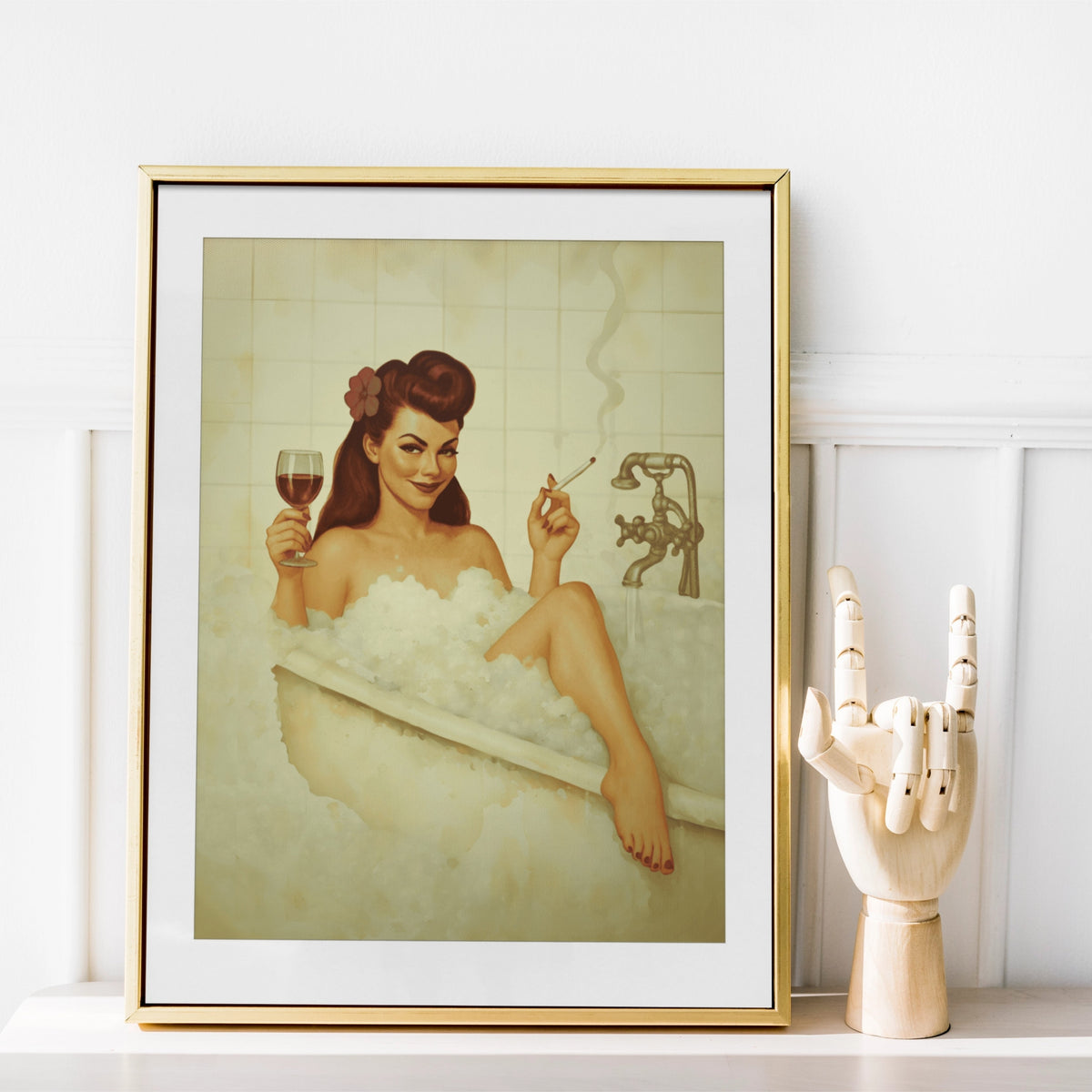 Vintage Bathroom Pin-Up Poster | Retro Bubble Bath Wall Art Print | 1940s Glamour Bathroom Decor