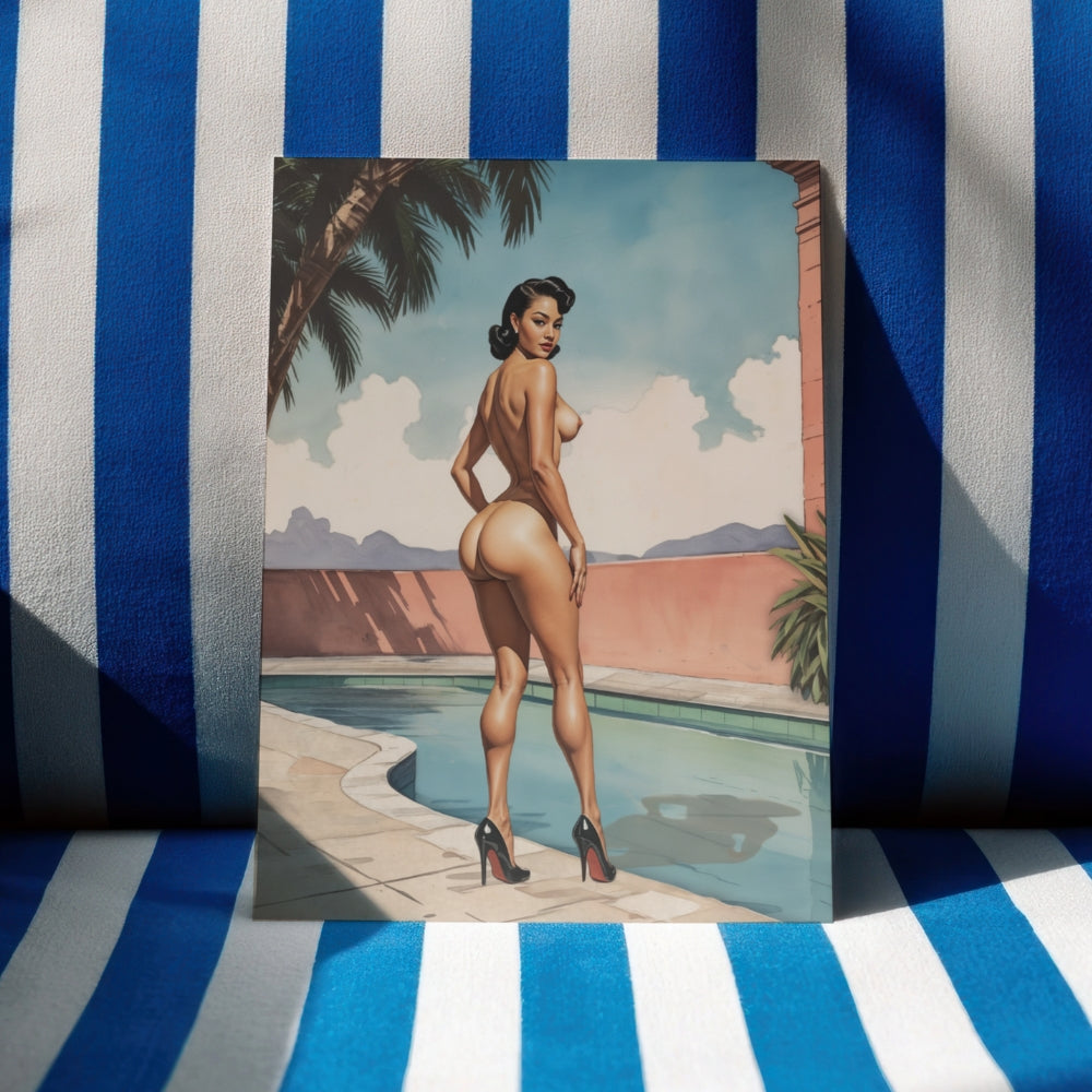 Vintage-style painting of a woman by a pool with palm trees on a blue and white striped background.