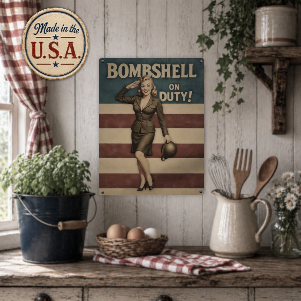 Vintage-style kitchen scene with a 'Made in the USA' sign, 'Bombshell on Duty!' poster, and rustic decor.