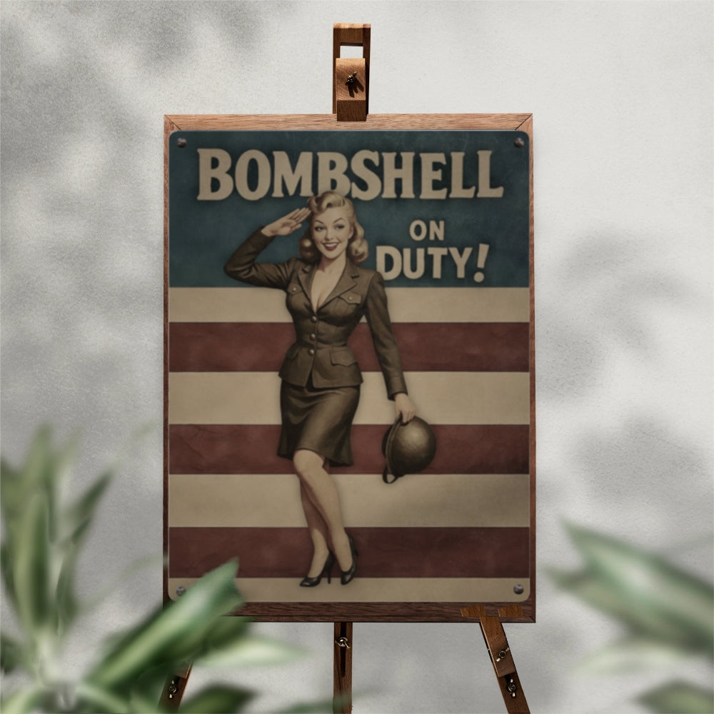 Vintage-style poster with a woman saluting on an American flag background, text 'Bombshell on Duty!'.