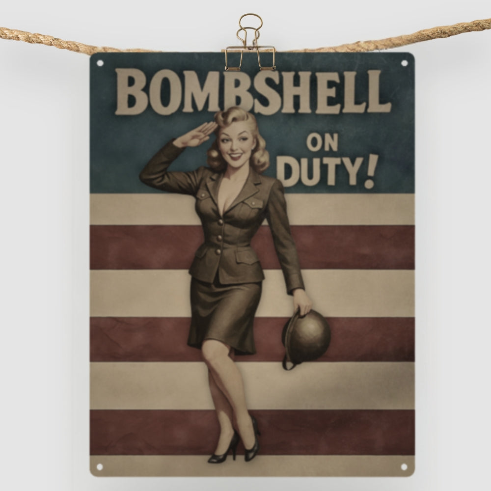 Vintage-style sign with a woman in uniform and 'Bombshell on Duty!' text, hanging on a rope.