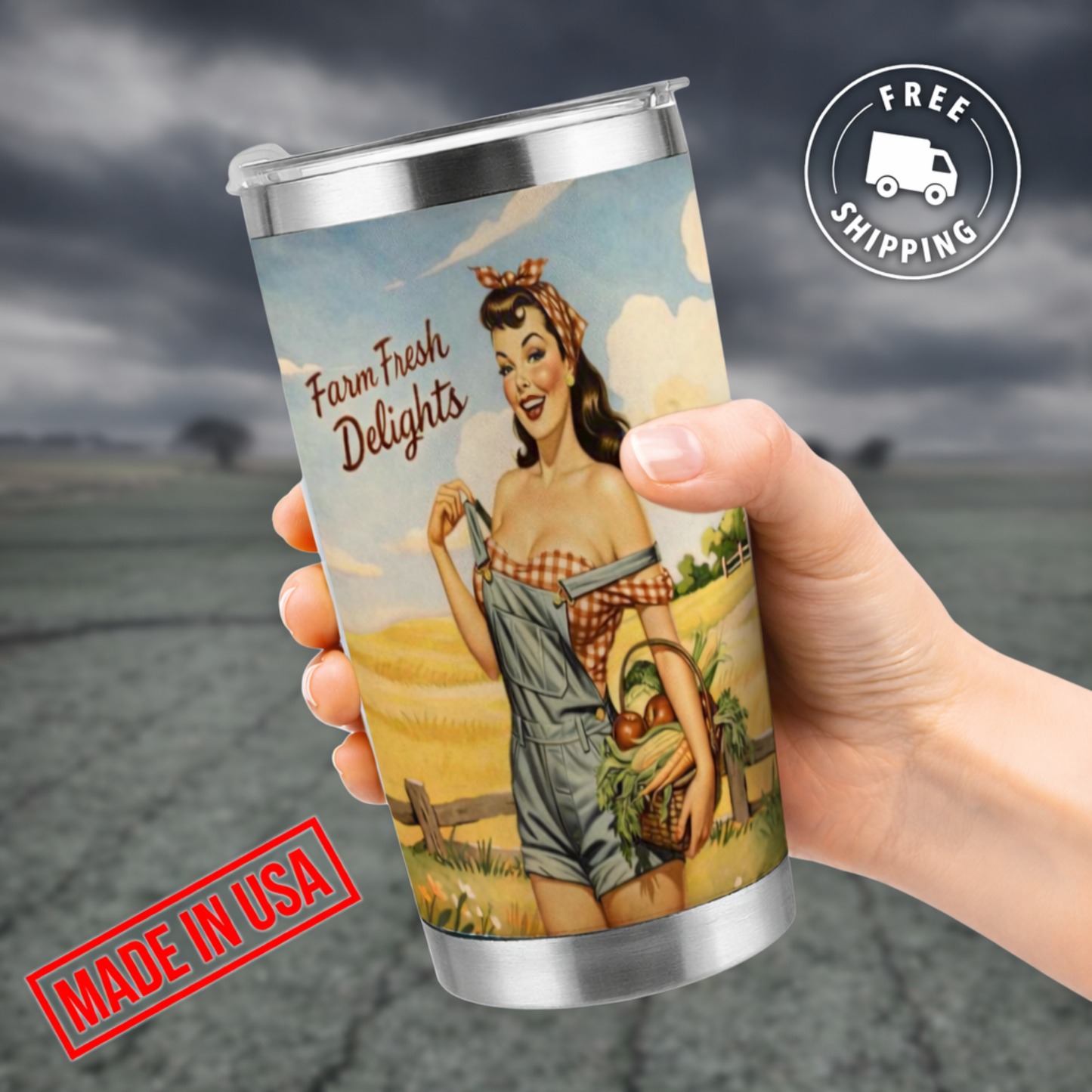 Tumbler with a vintage-style design of a woman holding a basket of farm produce, held by a hand against a cloudy sky.