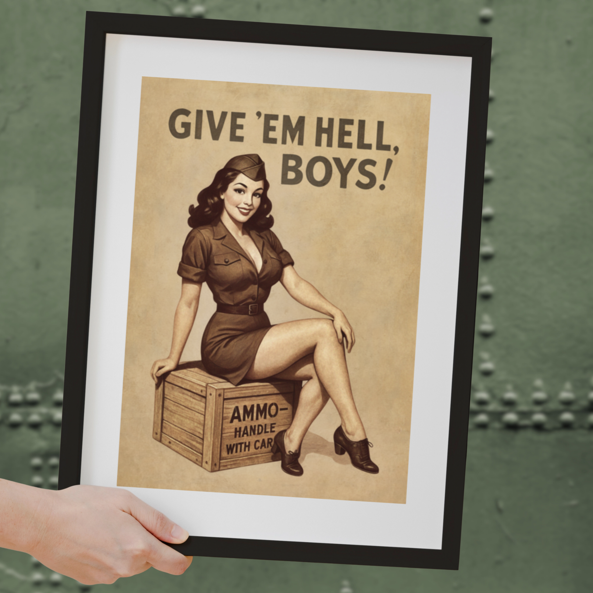 Framed vintage-style poster with a woman sitting on an ammo crate and text 'Give 'em hell, boys!' against a green metal background.
