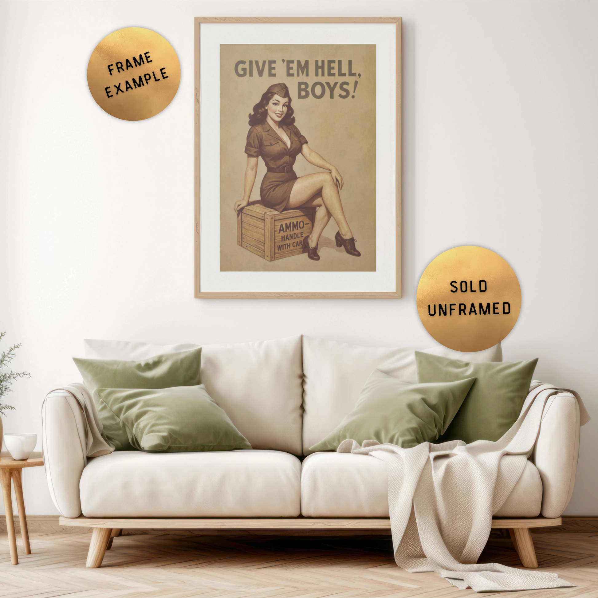 Framed poster with text above a beige sofa with green pillows