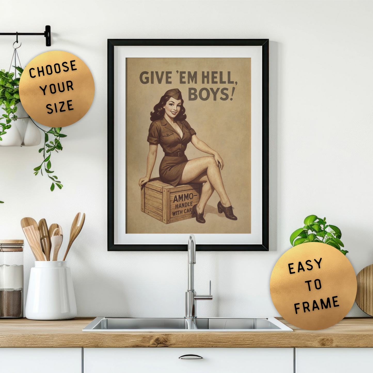 Framed vintage-style poster with a woman on a kitchen counter, surrounded by decor items.