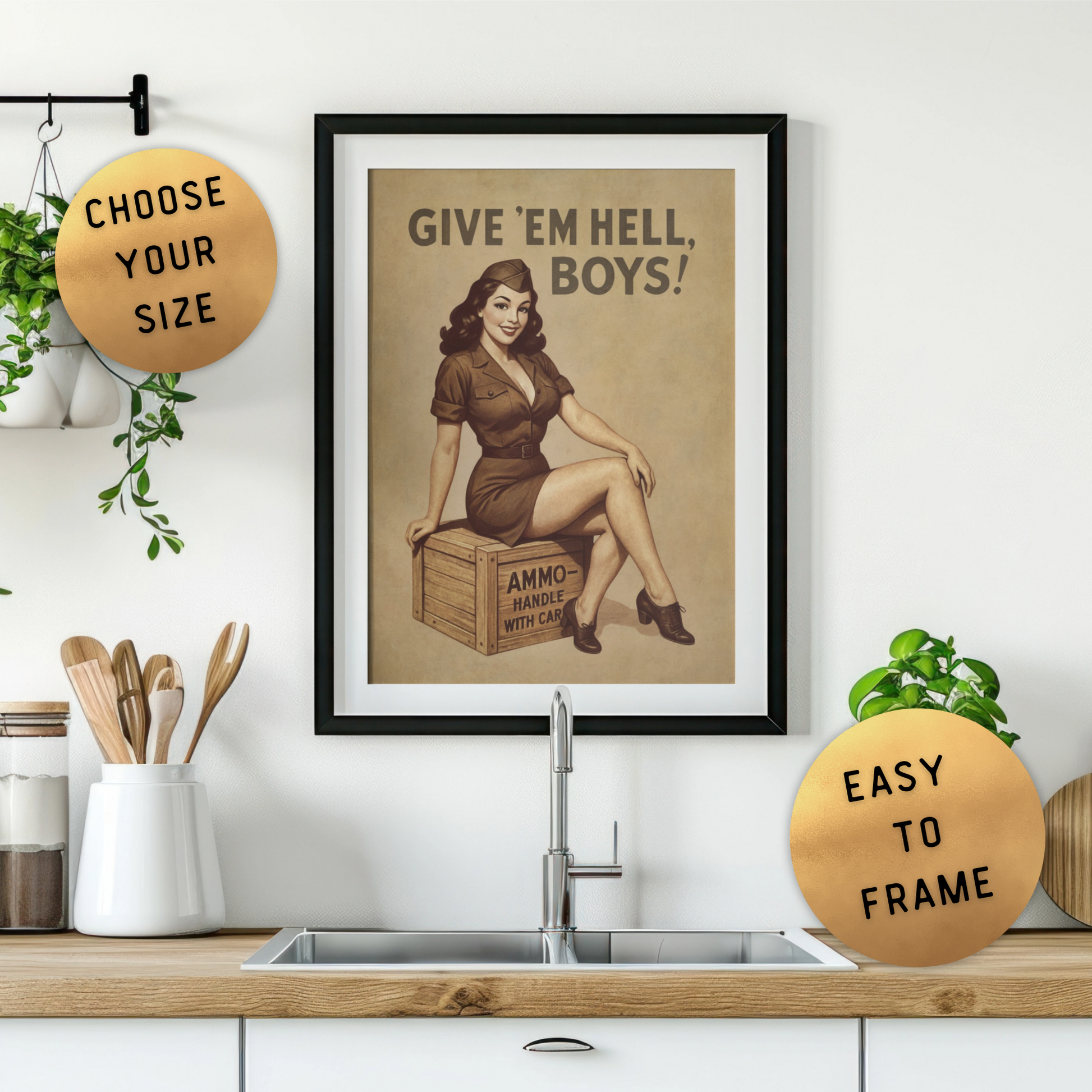 Framed vintage-style poster with a woman on a kitchen counter, surrounded by decor items.