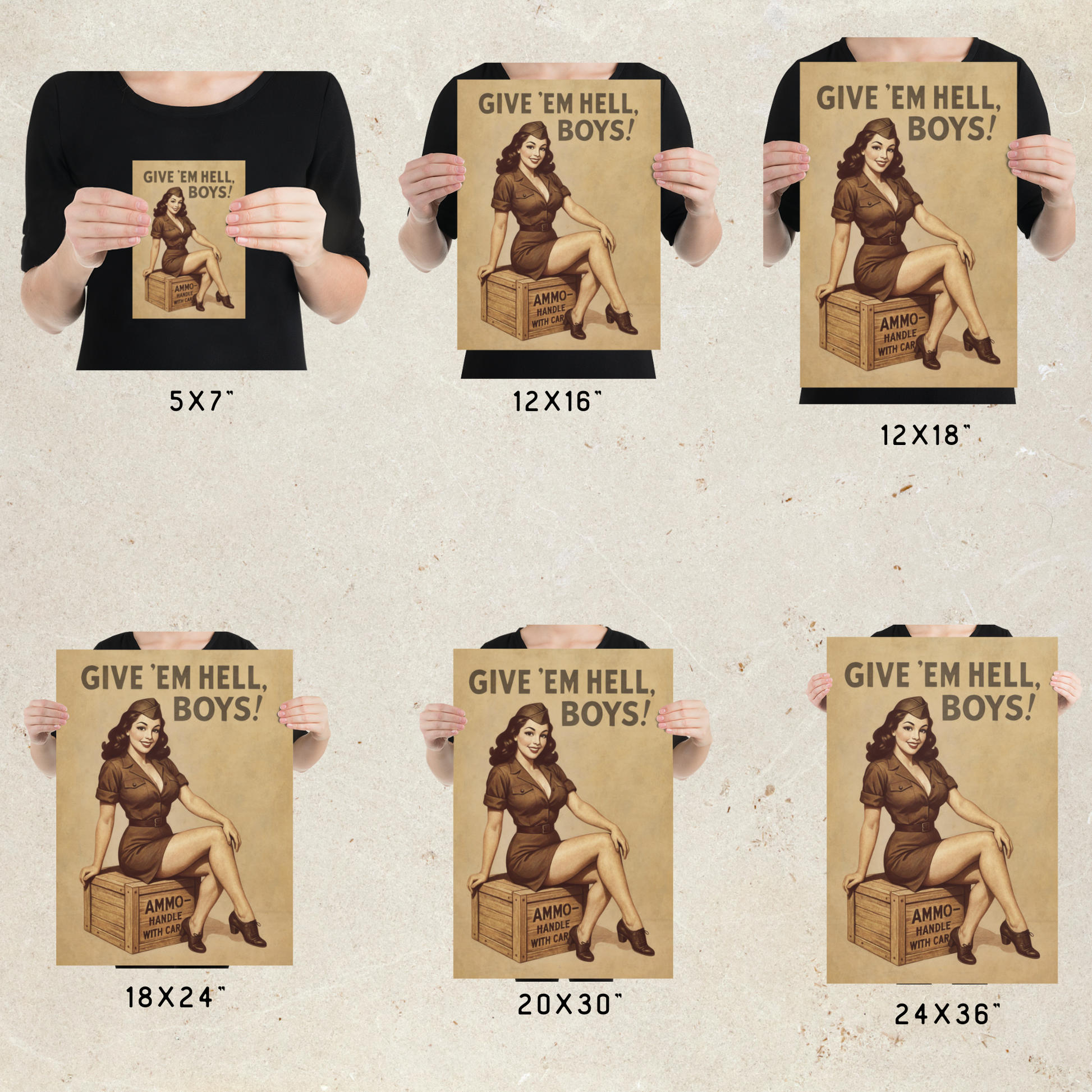 Set of posters with a woman holding a box labeled 'Give 'em Hell, Boys!' in various sizes.