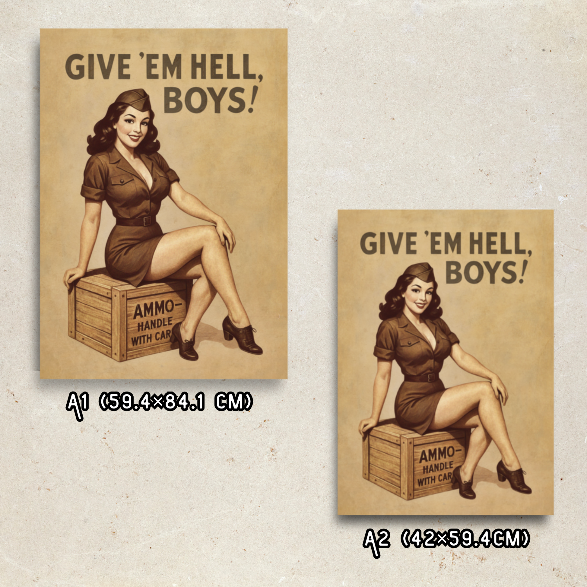 Two vintage-style posters with a woman sitting on an ammo crate and text 'Give 'em Hell, Boys!' on a beige background.