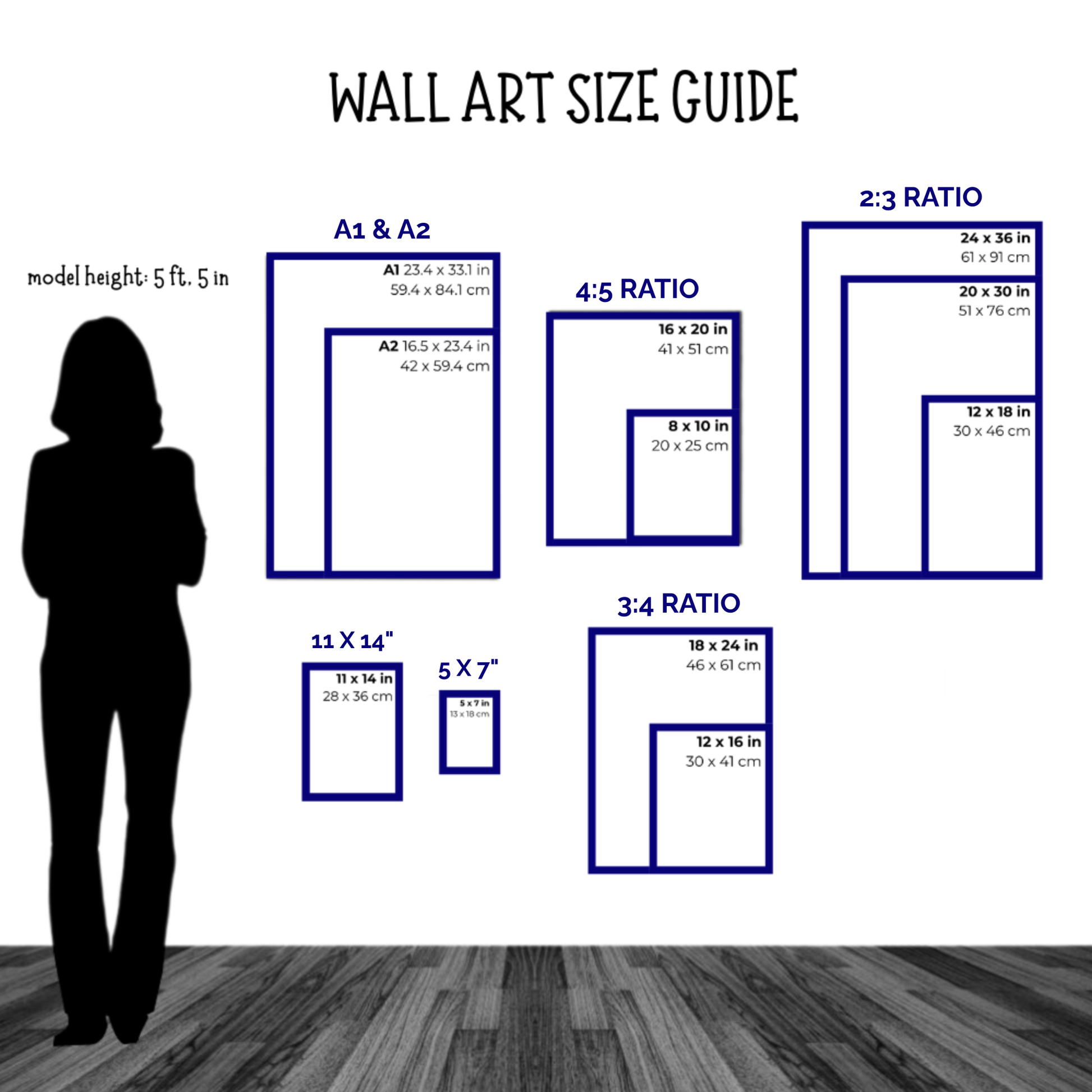 Wall art size guide with silhouette of a person for scale, showing various frame dimensions.