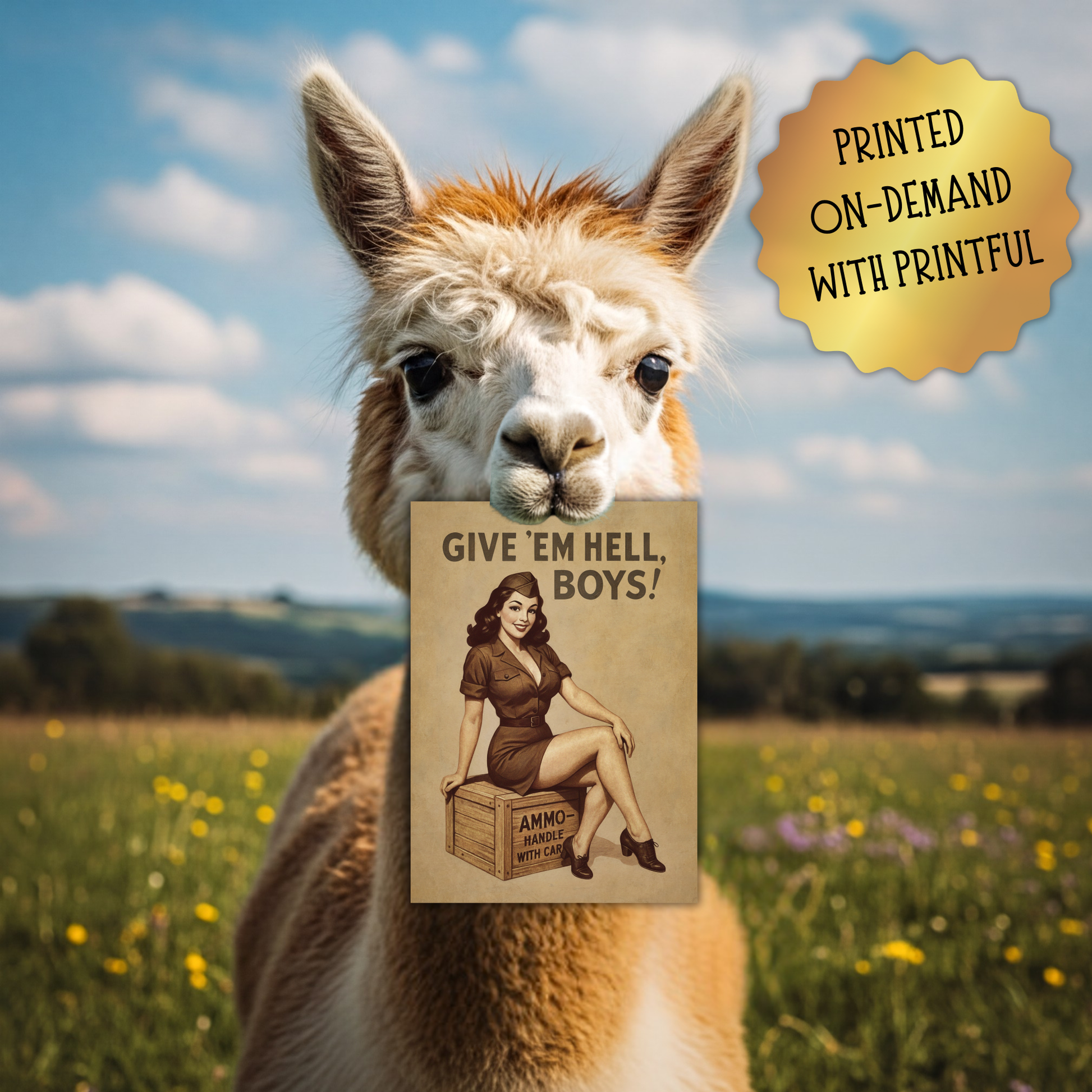 Llama holding a sign with text in a field