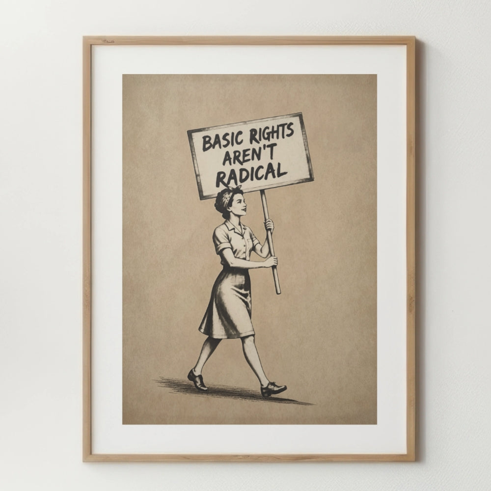 Framed artwork of a person holding a sign with 'Basic Rights Aren't Radical' on a beige background.