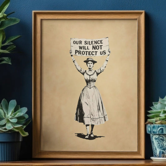 Framed artwork of a suffragist woman holding a sign with text that says, Our Silence Will NOT Protect Us, placed on a shelf with plants.