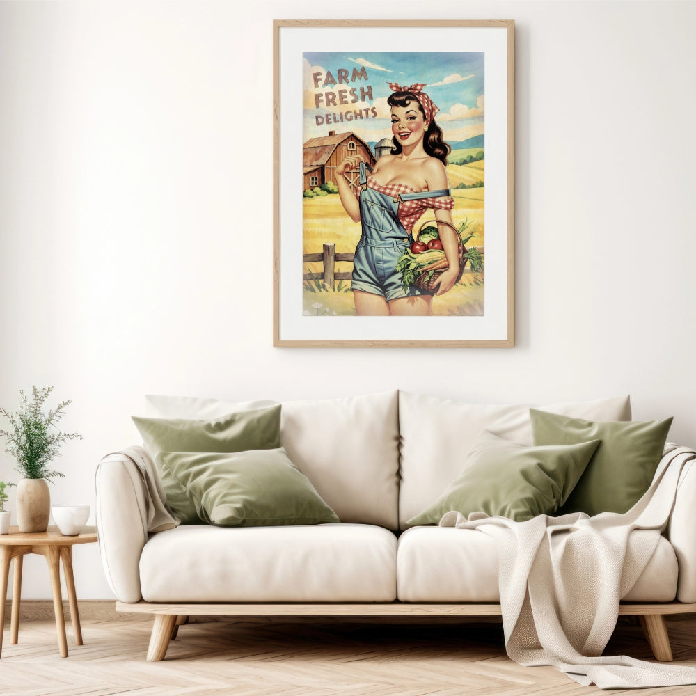 Framed vintage-style poster of a woman holding a basket of fruits above a sofa in a living room.