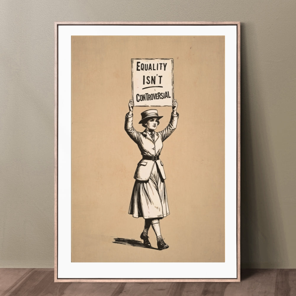 Framed artwork of a woman holding a sign with 'Equality Isn't Controversial' on a beige background.