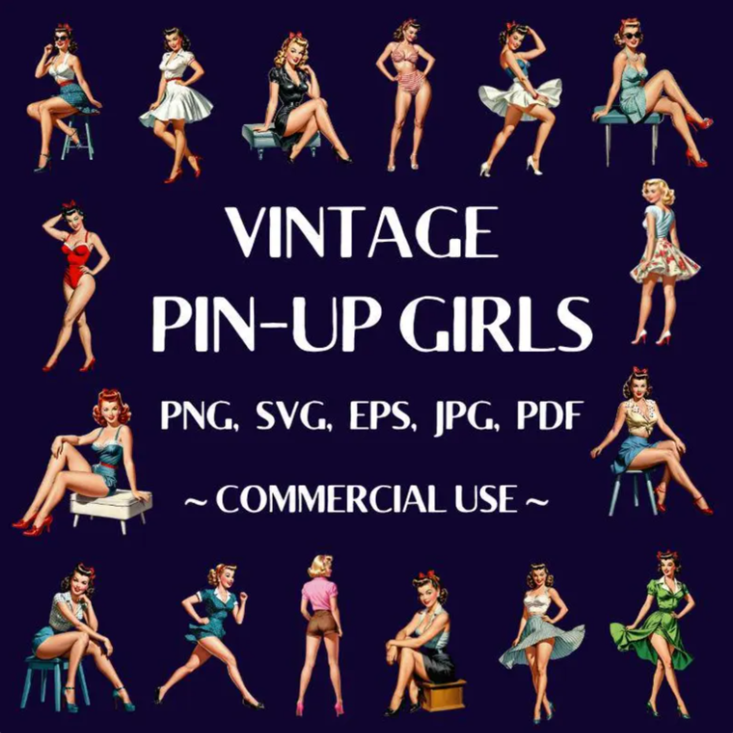 Vintage pin-up girls illustrations with text on a dark blue background