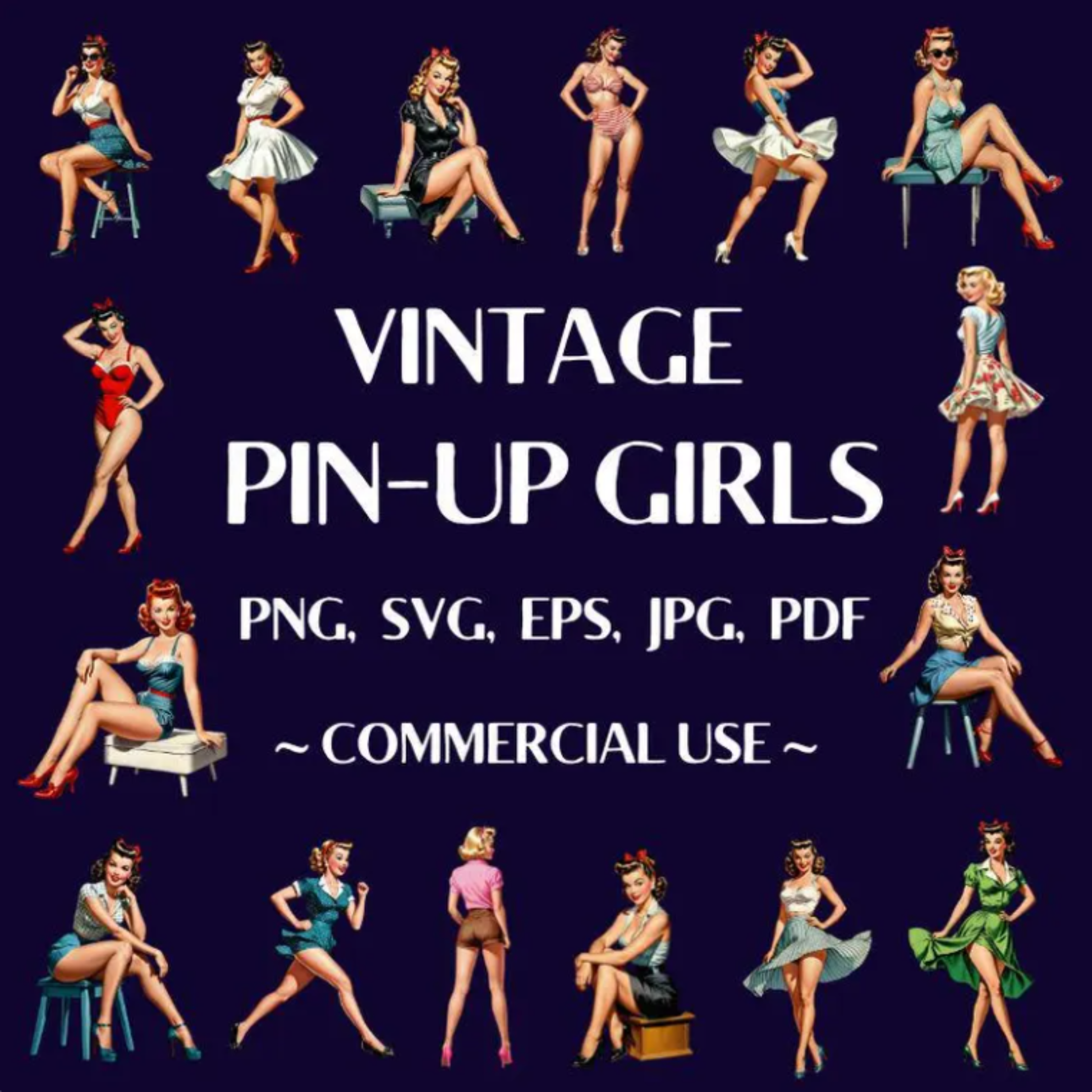Vintage pin-up girls illustrations with text on a dark blue background