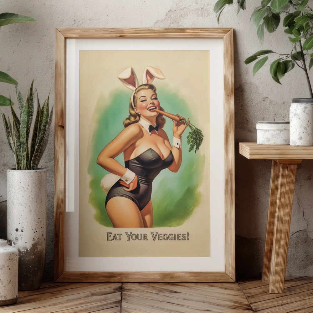 Framed poster of a woman in bunny ears eating a carrot with 'Eat Your Veggies!' text, placed on a wooden surface with plants around.