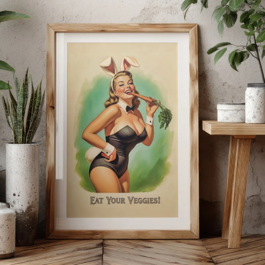 Framed poster of a woman in bunny ears eating a carrot with 'Eat Your Veggies!' text, placed on a wooden surface with plants around.