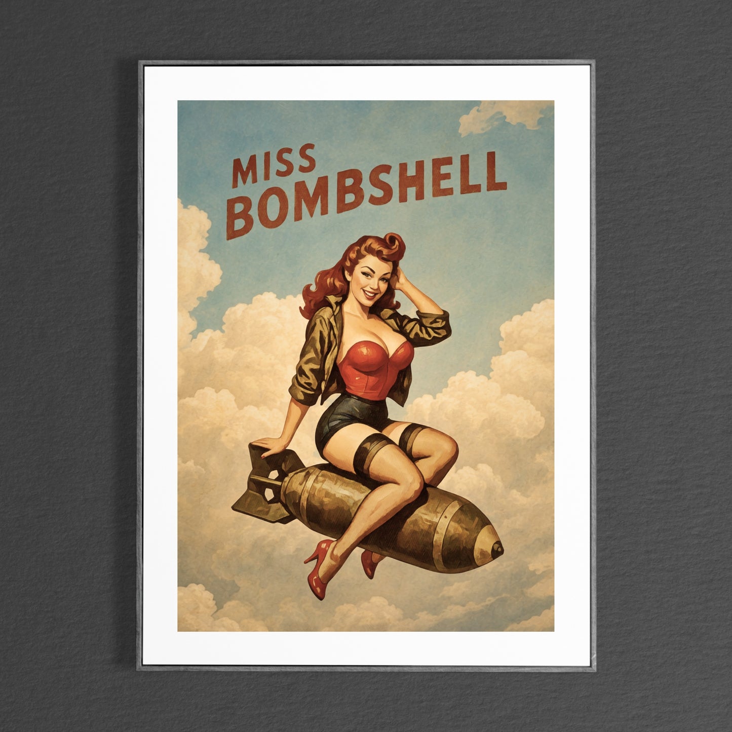 Vintage-style poster of a woman sitting on a bomb with 'Miss Bombshell' text, framed against a dark gray wall.
