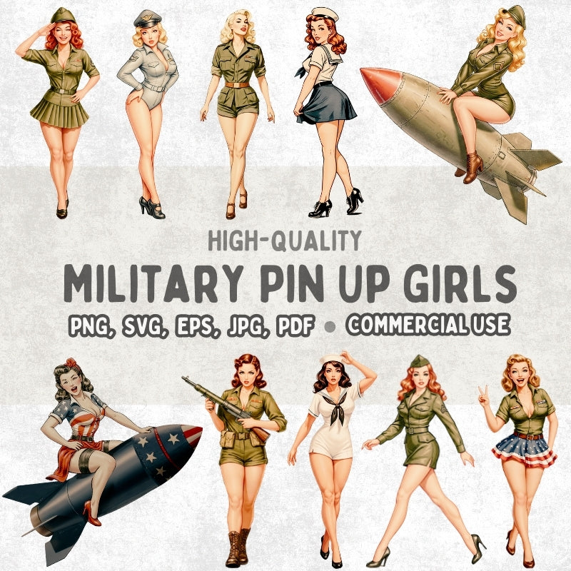 Illustrations of military-themed pin-up girls with text about file formats and usage.