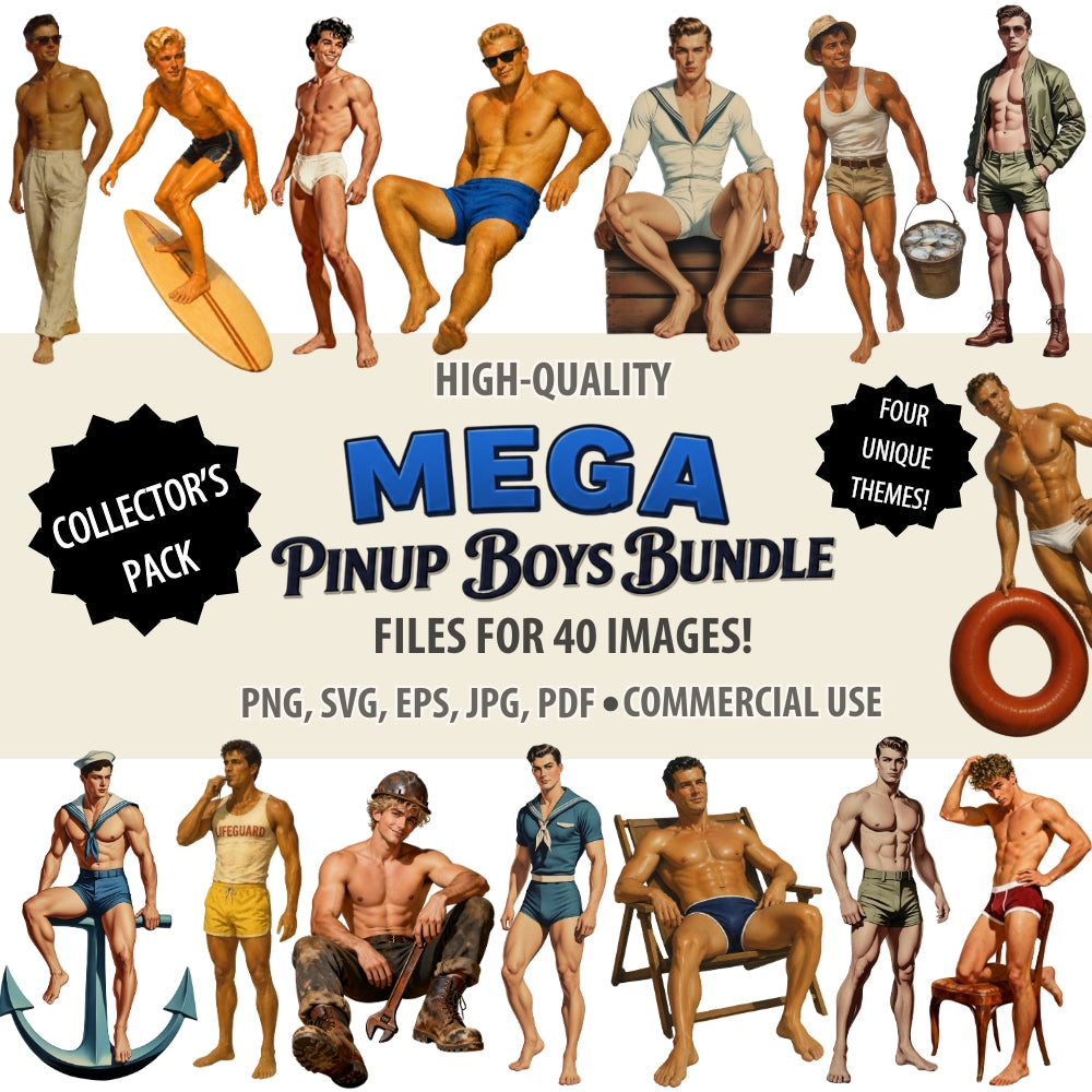 Promotional graphic for a Mega Pinup Boys Bundle with various illustrated pinup boys in different poses and outfits.