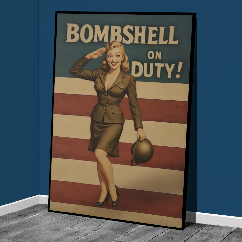 Vintage-style poster with a woman saluting and the text 'Bombshell on Duty!' against an American flag background.