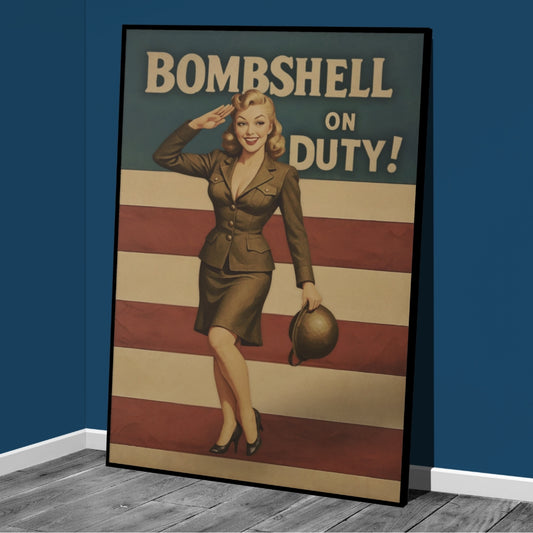 Vintage-style poster with a woman saluting and the text 'Bombshell on Duty!' against an American flag background.
