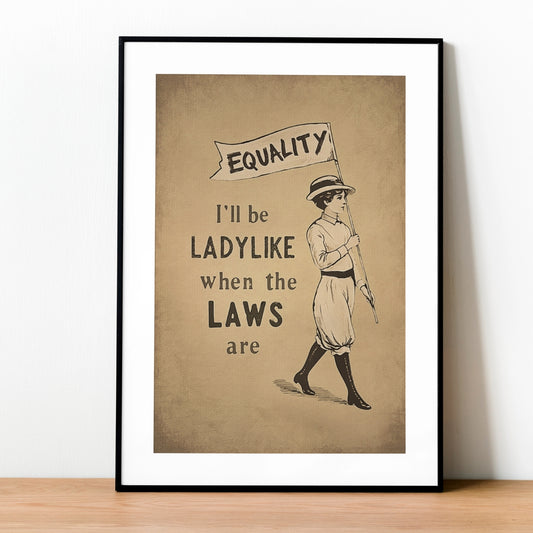 Framed poster with a woman holding a 'Equality' banner on a brown background.