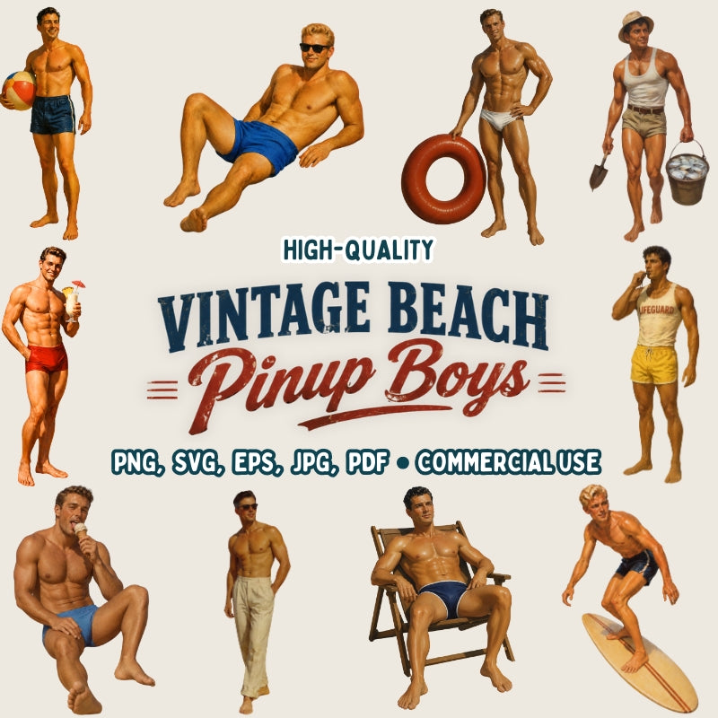 Vintage beach pinup boys with various poses and accessories on a light background.