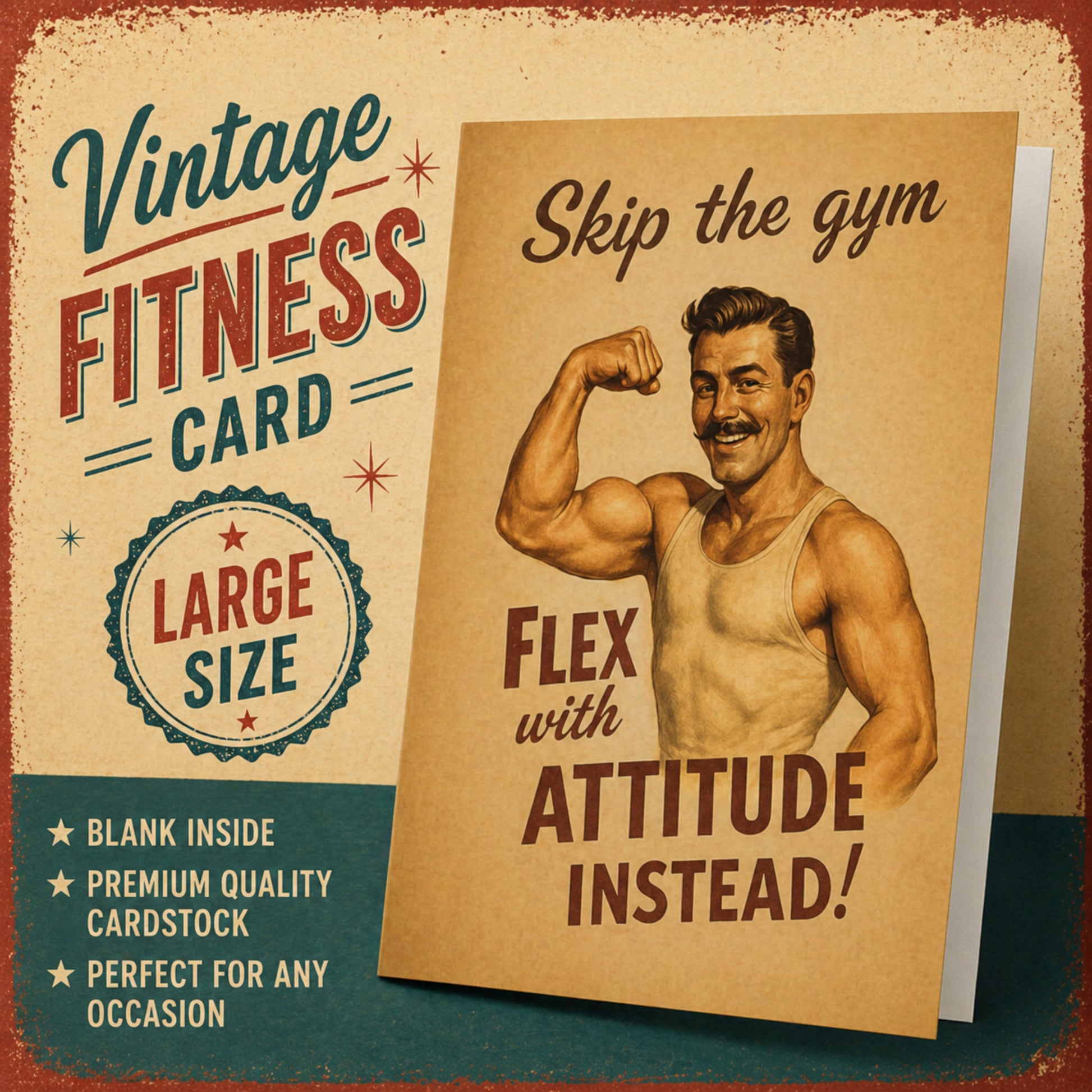 Vintage-style fitness card with a man flexing his muscles and text about skipping the gym.