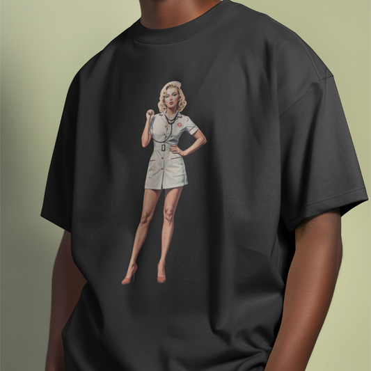 Black t-shirt with a graphic of a woman in a nurse's uniform on a plain background