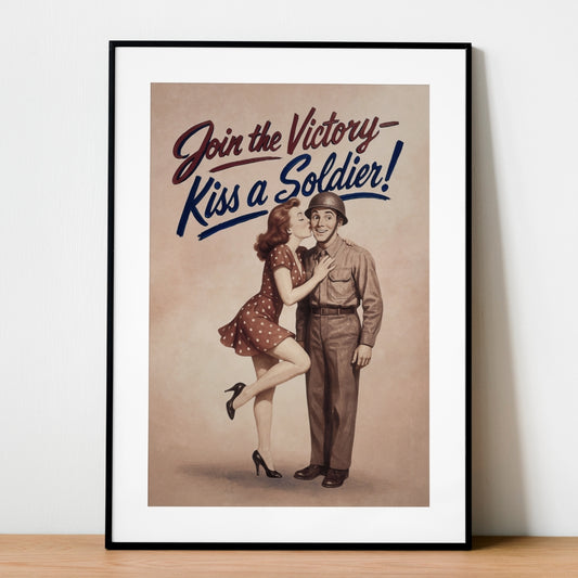 Vintage-style poster with a soldier and woman, text 'Join the Victory Kiss a Soldier!', framed on a white wall.