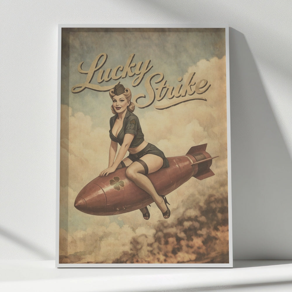Vintage-style poster with a woman on a rocket and 'Lucky Strike' text against a cloudy sky.