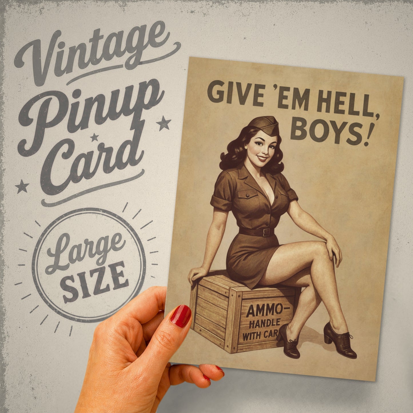 Vintage-style pin-up card held by a hand with red nail polish, featuring a woman and text on a textured background.