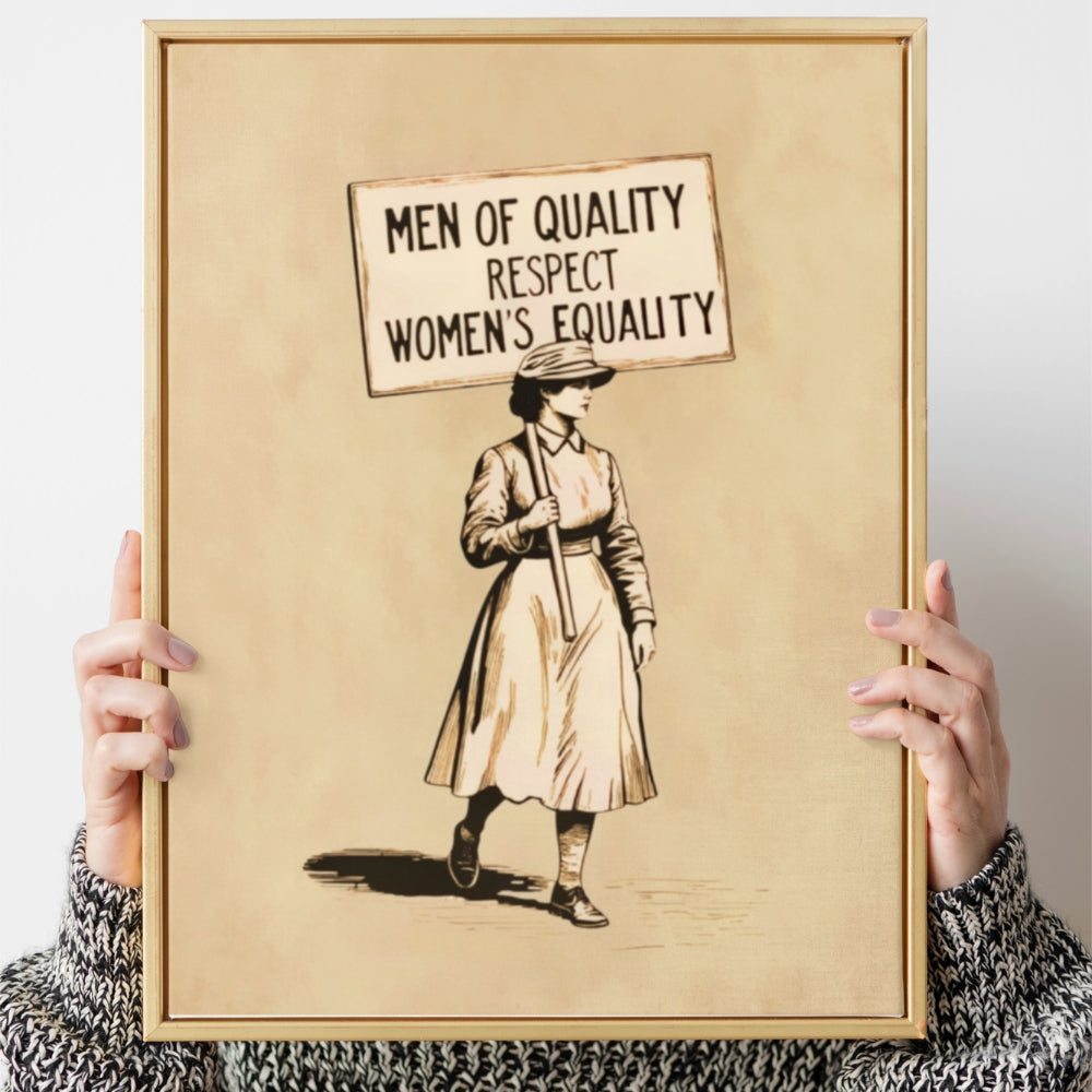Framed artwork of a woman holding a sign with 'Men of Quality Respect Women's Equality' text.
