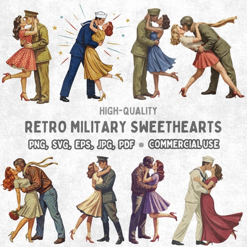 Illustrations of retro military sweethearts with text about file formats and commercial use.