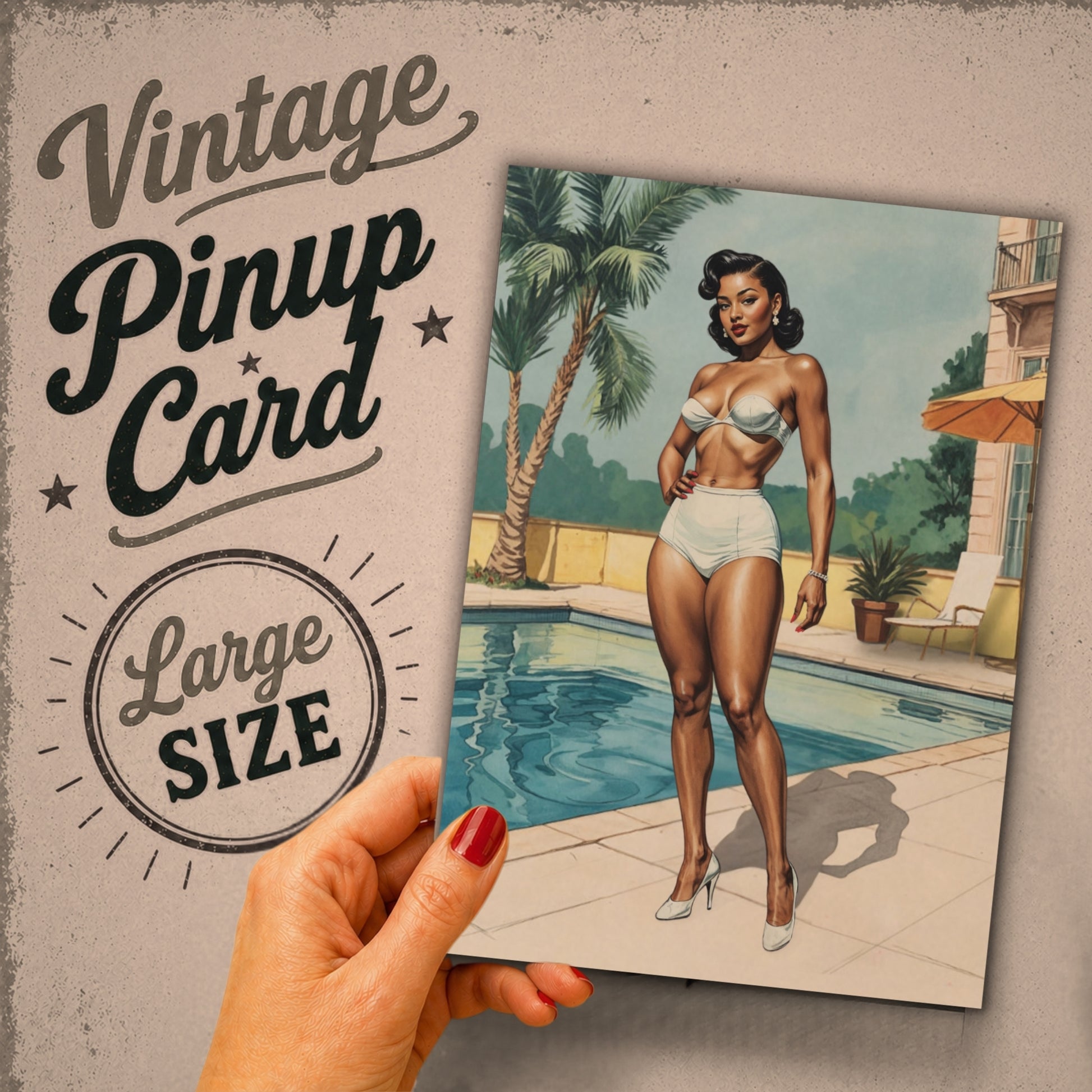 Vintage-style pin-up card held by a hand with red nail polish, featuring a woman in a bikini by a pool.