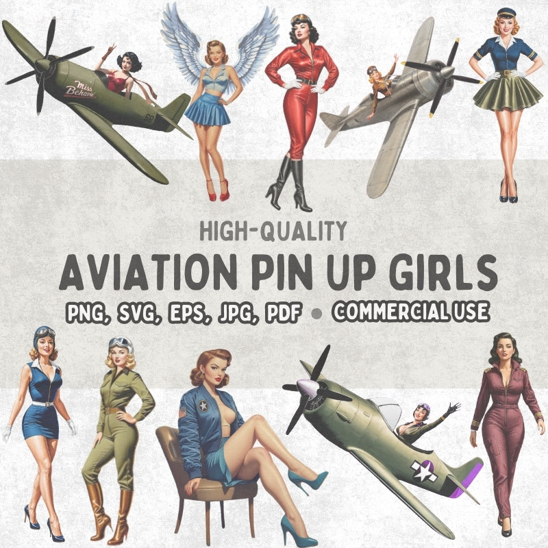 Clipart of aviation pin-up girls with airplanes on a light gray background, featuring text about high-quality graphics for commercial use.