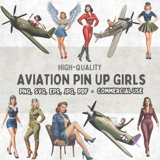 Clipart of aviation pin-up girls with airplanes on a light gray background, featuring text about high-quality graphics for commercial use.