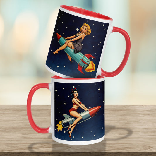 Retro Pin Up Rocket Mug | Vintage Space Girl Coffee Cup | Atomic Age Bombshell Art | Mid Century Sci-Fi Gift