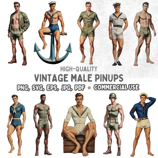 Vintage male pinups with an anchor graphic and text about high-quality vintage illustrations.