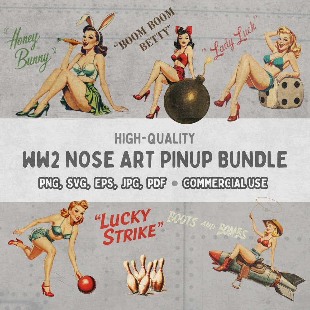 Vintage-style pin-up graphics with text on a gray background, featuring characters like 'Honey Bunny', 'Boom Boom Betty', and 'Lady Luck'.