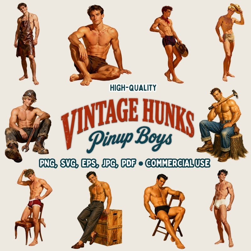 Collection of vintage-style pinup boys with promotional text for 'Vintage Hunks Pinup Boys' on a light background.