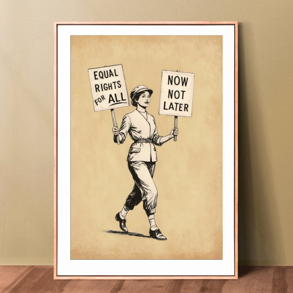 Framed artwork of a woman holding signs with 'Equal Rights for All' and 'Now Not Later' on a beige background.
