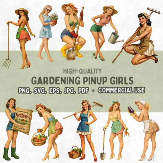 Illustrations of gardening pinup girls with various gardening tools and items on a gradient background.