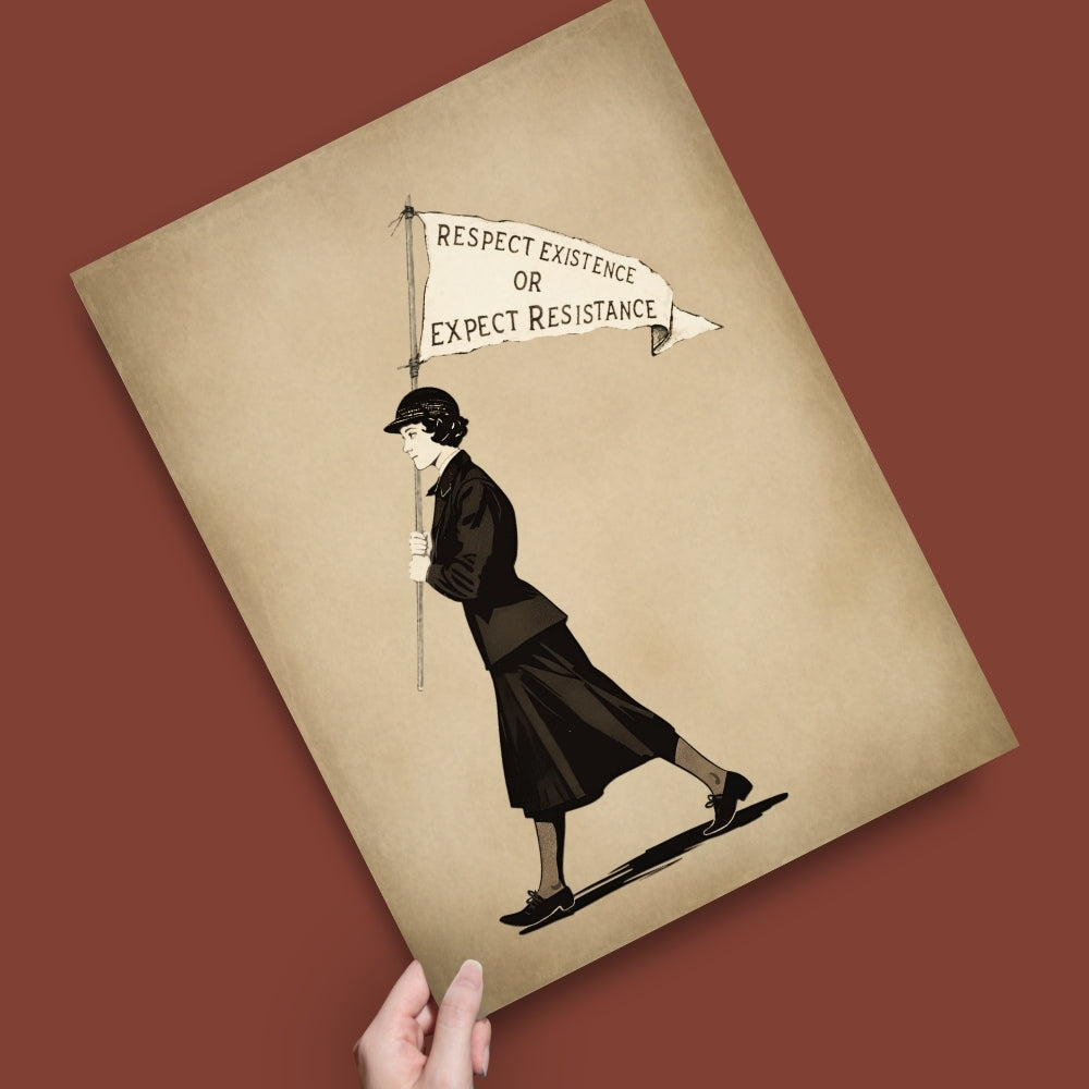 Illustration of a person holding a banner with text: Respect Existence or Expect Resistance, on a textured red surface