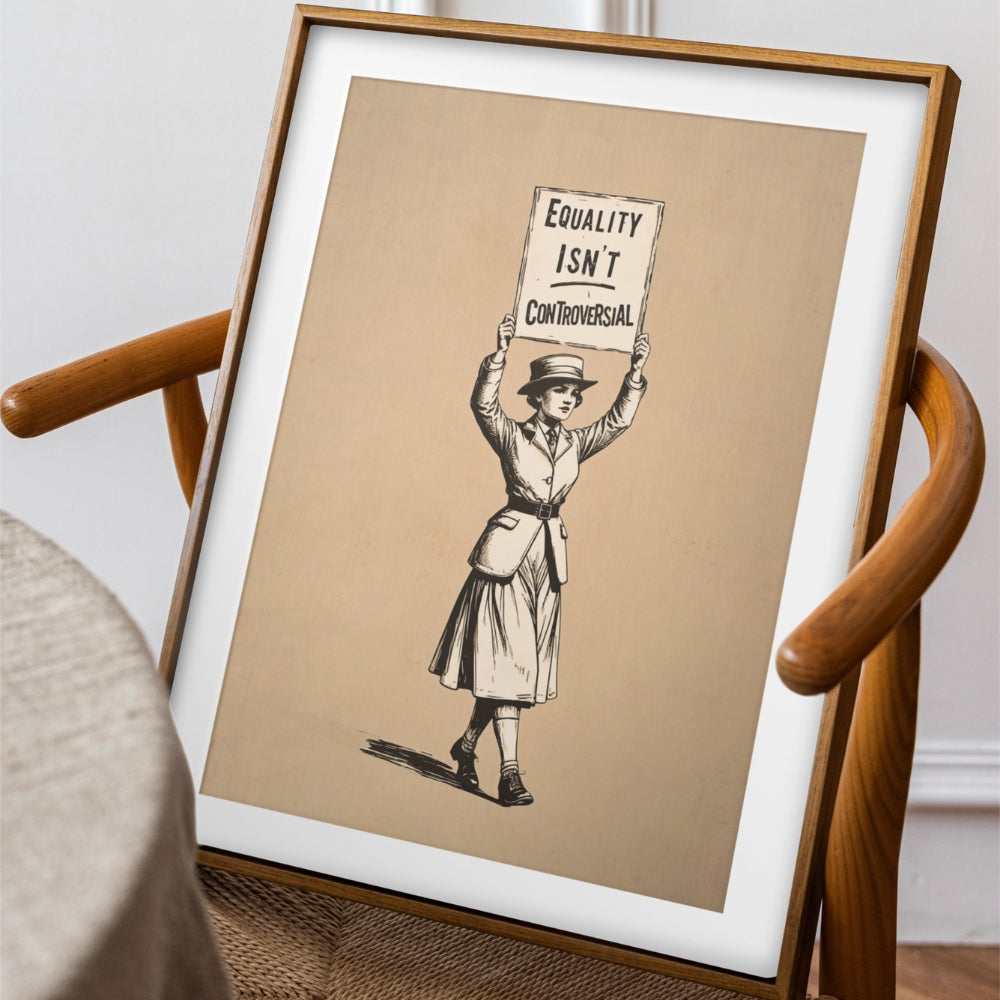 Framed artwork of a woman holding a 'Equality Isn't Controversial' sign on a beige background.