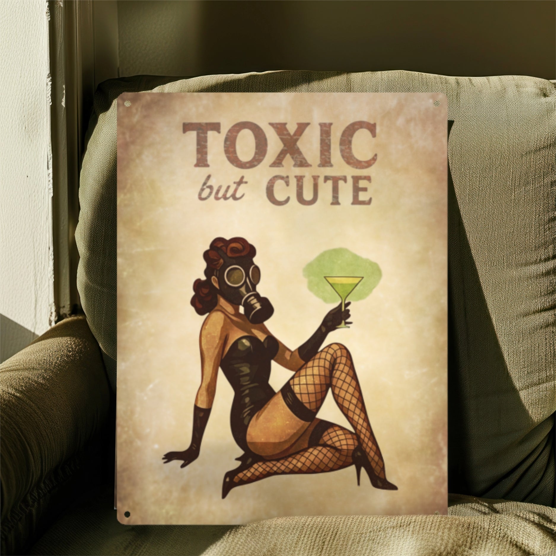 Poster with a stylized illustration of a woman in a gas mask holding a cocktail, with text 'Toxic but Cute', leaning against a textured surface.
