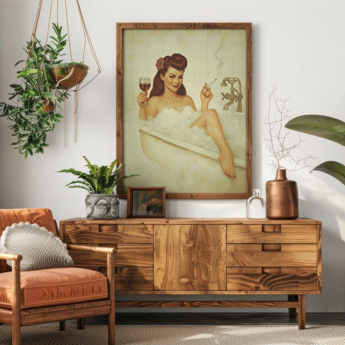 Vintage Bathroom Pin-Up Poster | Retro Bubble Bath Wall Art Print | 1940s Glamour Bathroom Decor