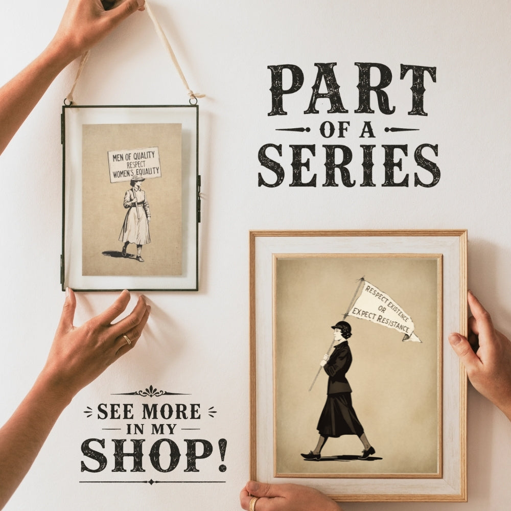 Two framed prints with silhouette illustrations and text that says, Respect Existence or Expect Resistance held by hands against a white wall.